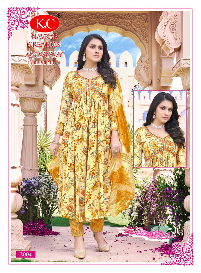 Kashish By Navkar Alia Cut Rayon Printed Kurti With Bottom Dupatta Wholesale Shop In Surat